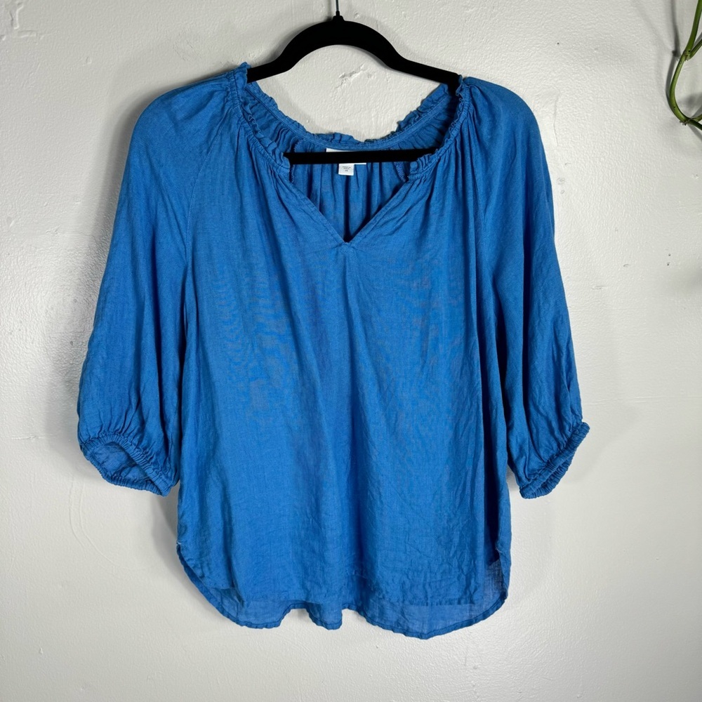 J JILL 100% linen blue Boho blouse puff sleeve boho top oversized loose fit XS - Picture 10 of 10
